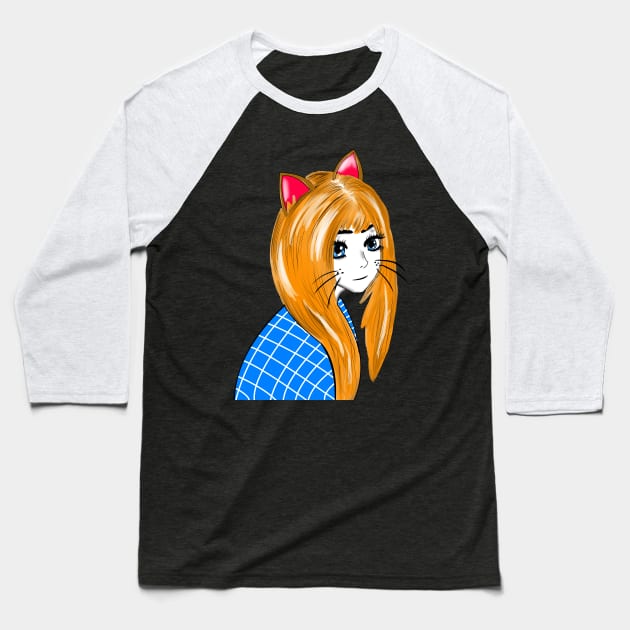 Anime Neko Cat Girl Cute Baseball T-Shirt by GreenCowLand